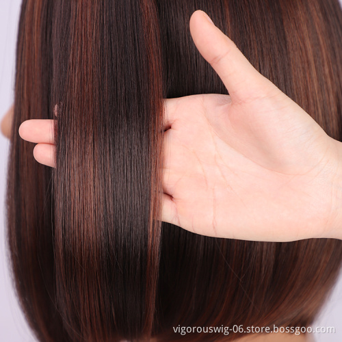 Highlights brown straight short high quality wholesale price black women synthetic hair fiber wigs with none lace